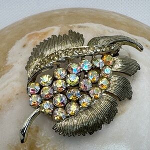 Coro Vintage Aurora Borealis Crystal Leaf Brooch - Women Jewelry
